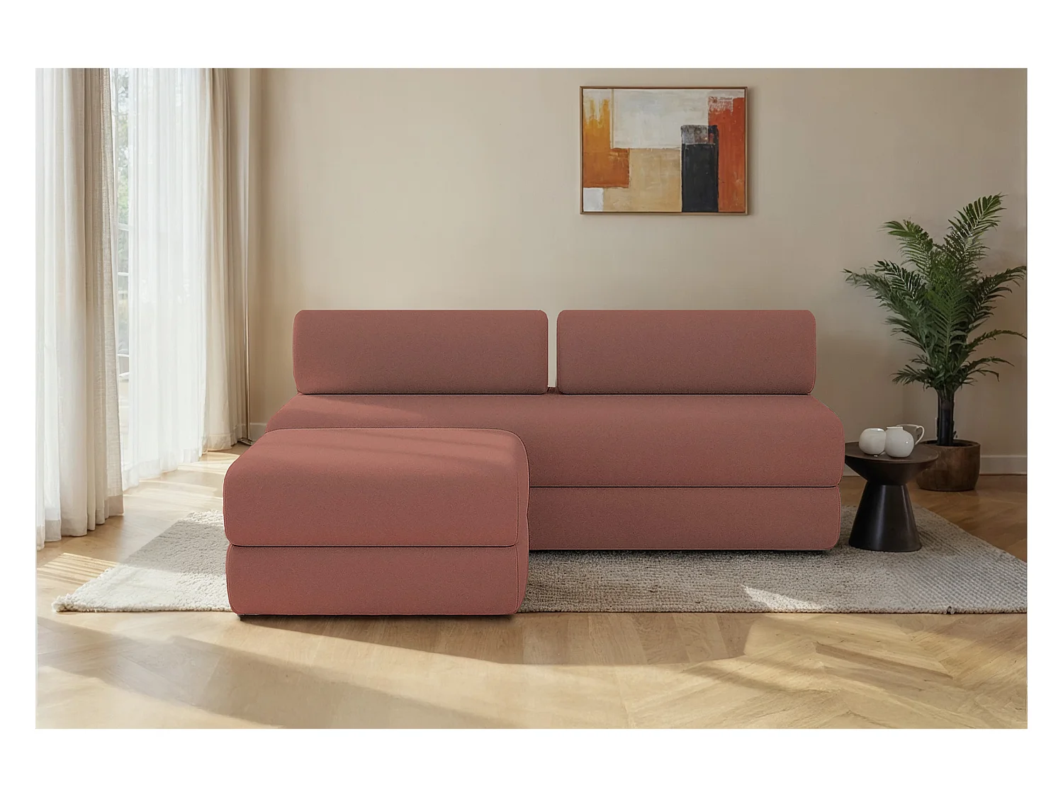 Canapé d'angle modulable et convertible 4 places - Tissu lisse - Terracotta