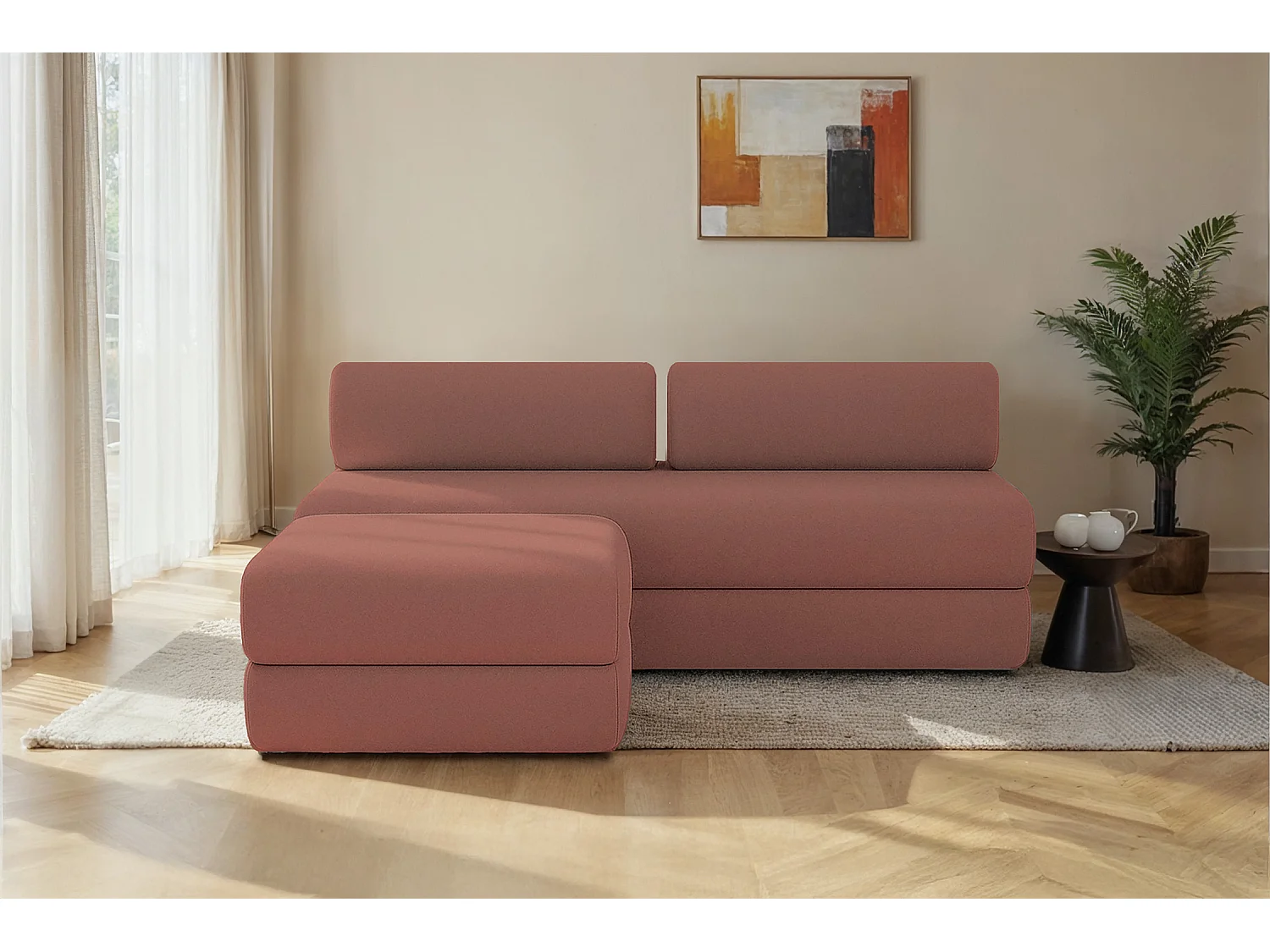 Canapé d'angle modulable et convertible 4 places - Tissu lisse - Terracotta