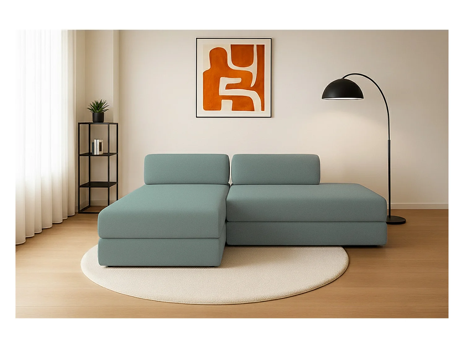 Canapé d'angle modulable et convertible 5 places - Tissu lisse - Bleu vert