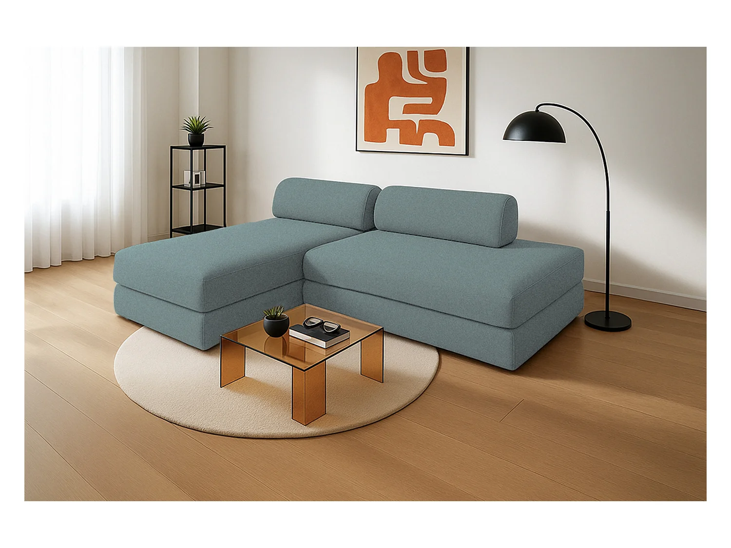 Canapé d'angle modulable et convertible 5 places - Tissu lisse - Bleu vert