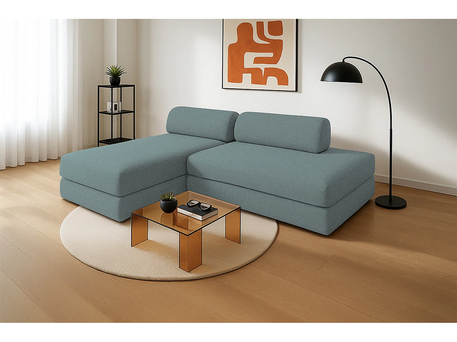 Canapé d'angle modulable et convertible 5 places - Tissu lisse - Bleu vert