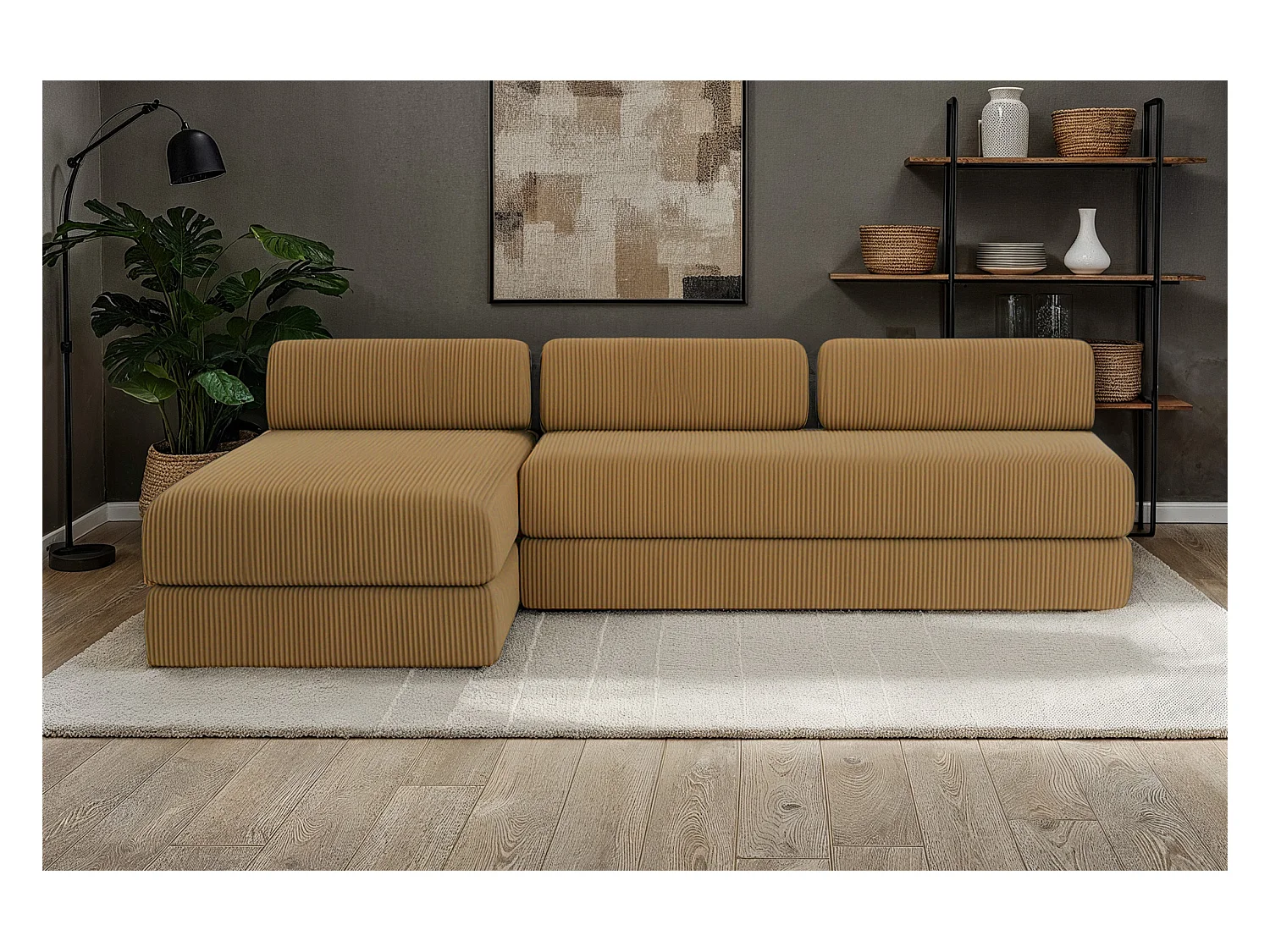 Canapé d'angle modulable et convertible 6 places - Velours côtelé - Jaune