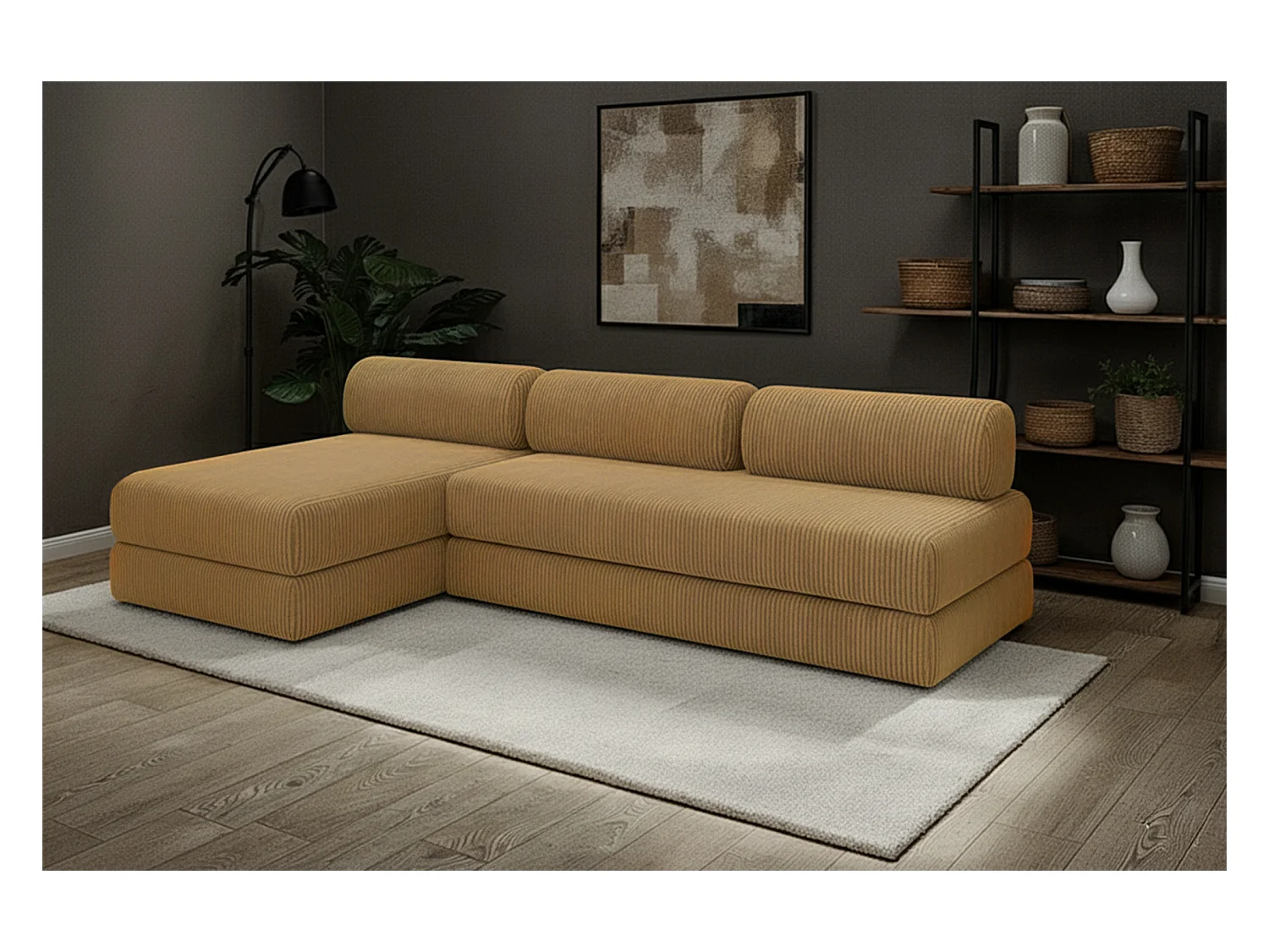 Canapé d'angle modulable et convertible 6 places - Velours côtelé - Jaune