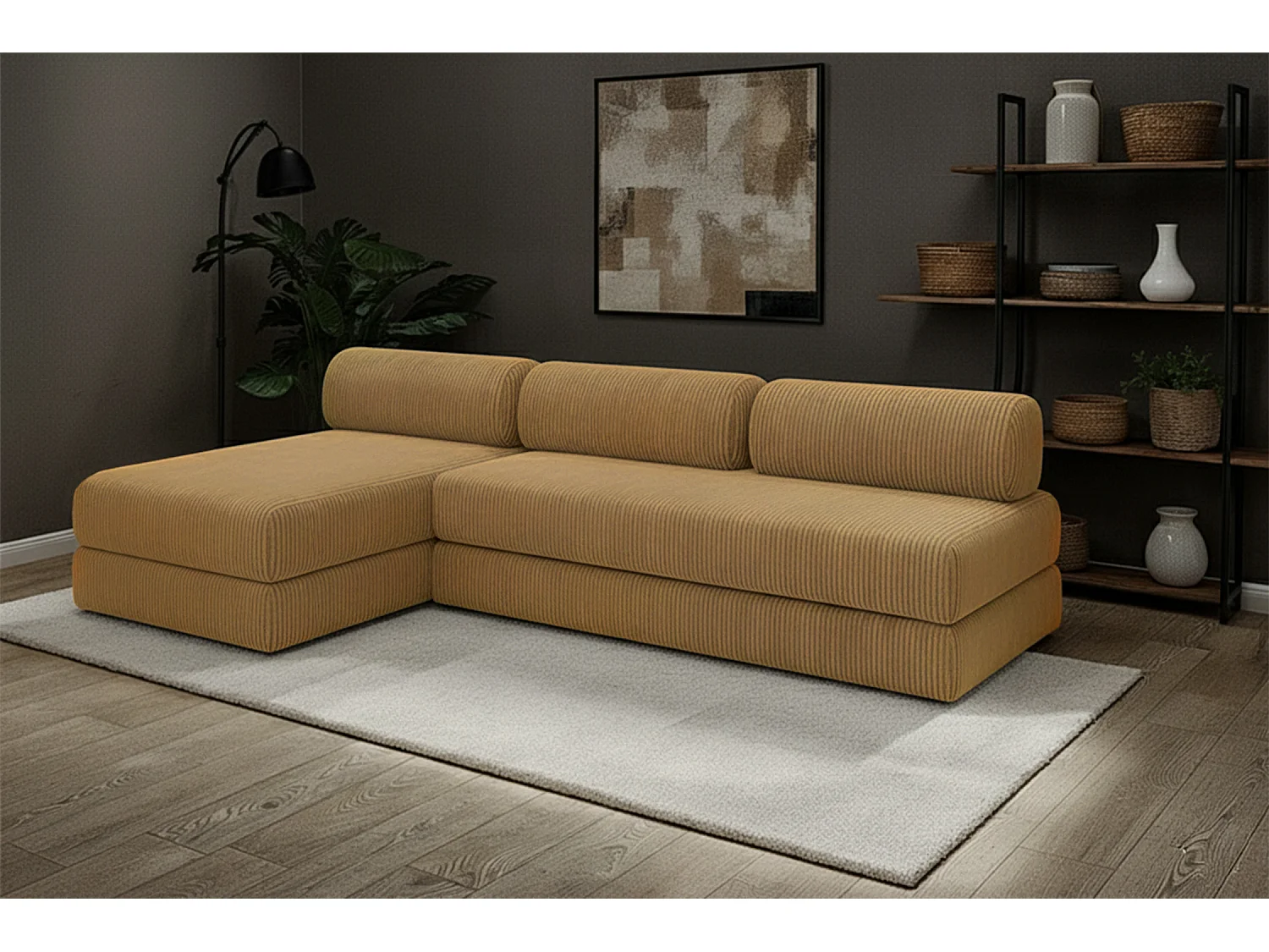 Canapé d'angle modulable et convertible 6 places - Velours côtelé - Jaune