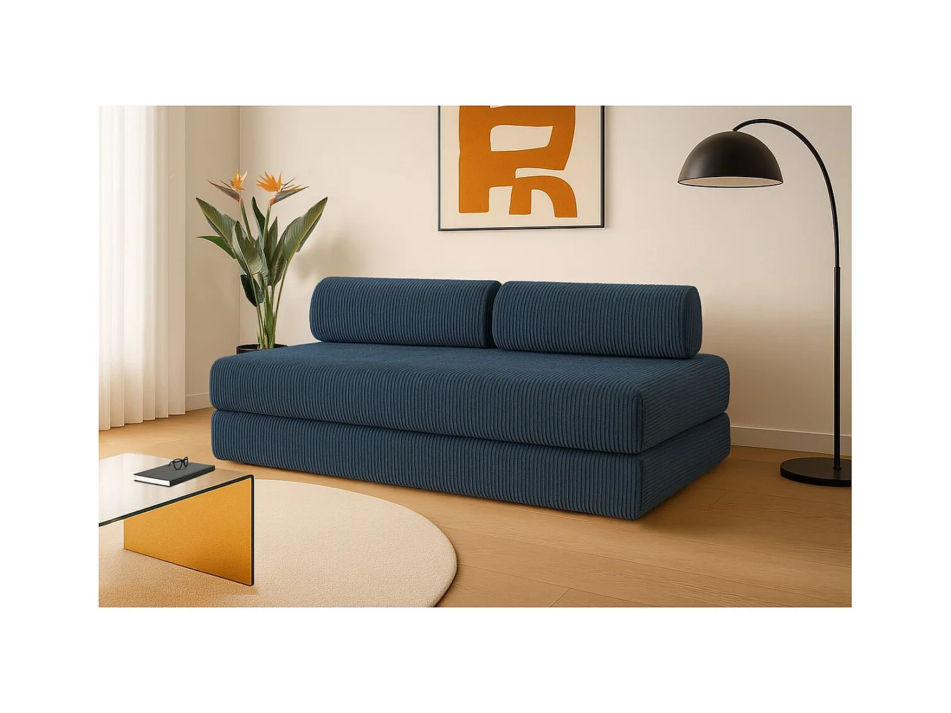 Canapé droit modulable et convertible 3 places - Velours côtelé - Bleu