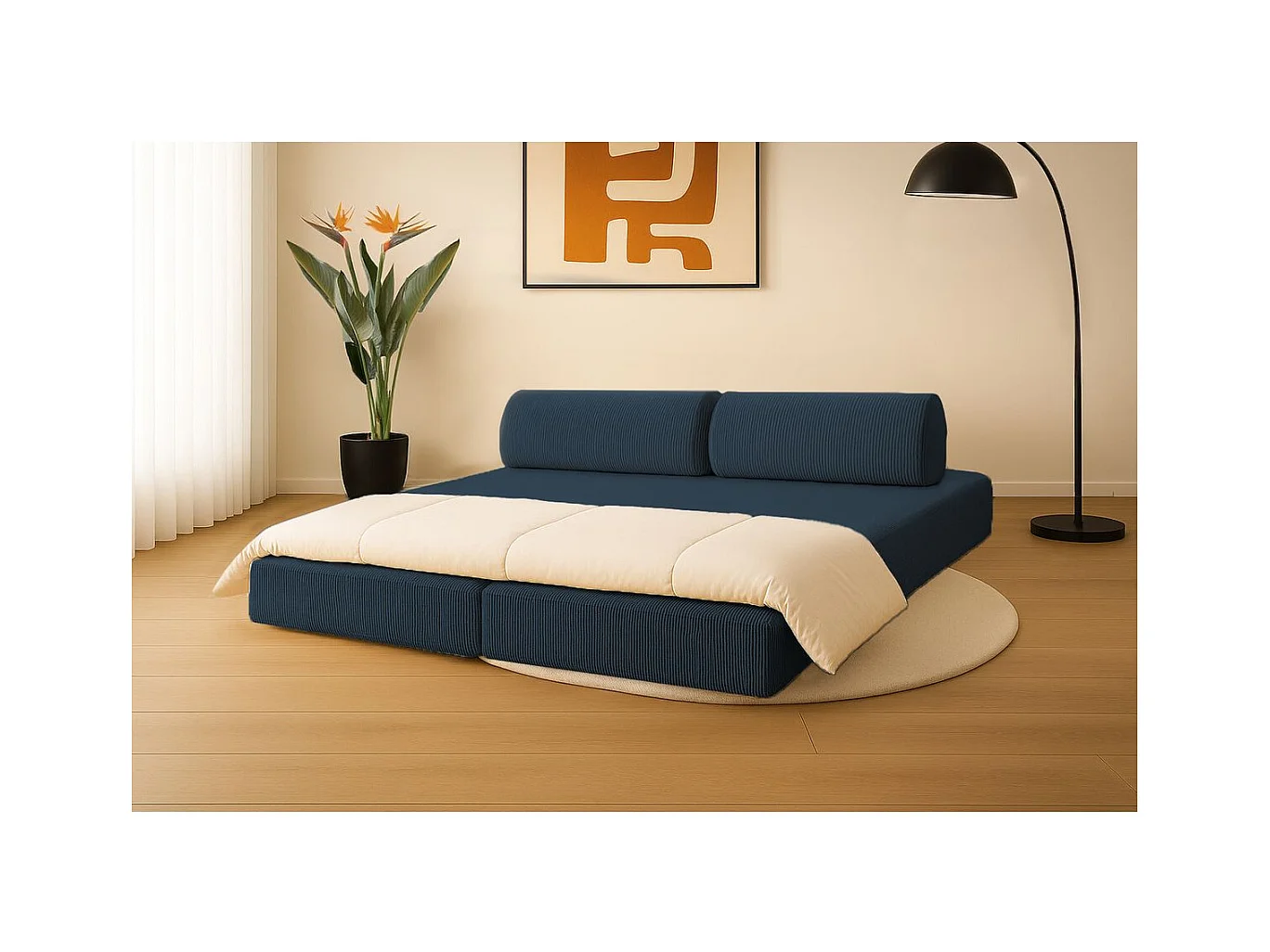 Canapé droit modulable et convertible 3 places - Velours côtelé - Bleu