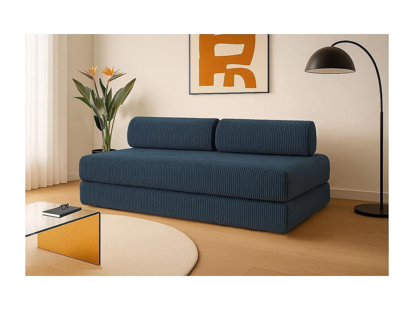 Canapé droit modulable et convertible 3 places - Velours côtelé - Bleu