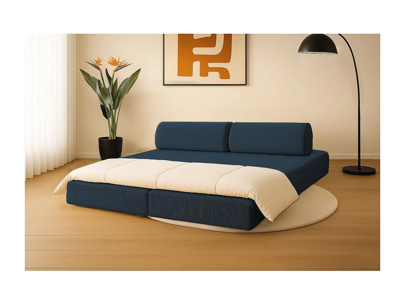 Canapé droit modulable et convertible 3 places - Velours côtelé - Bleu