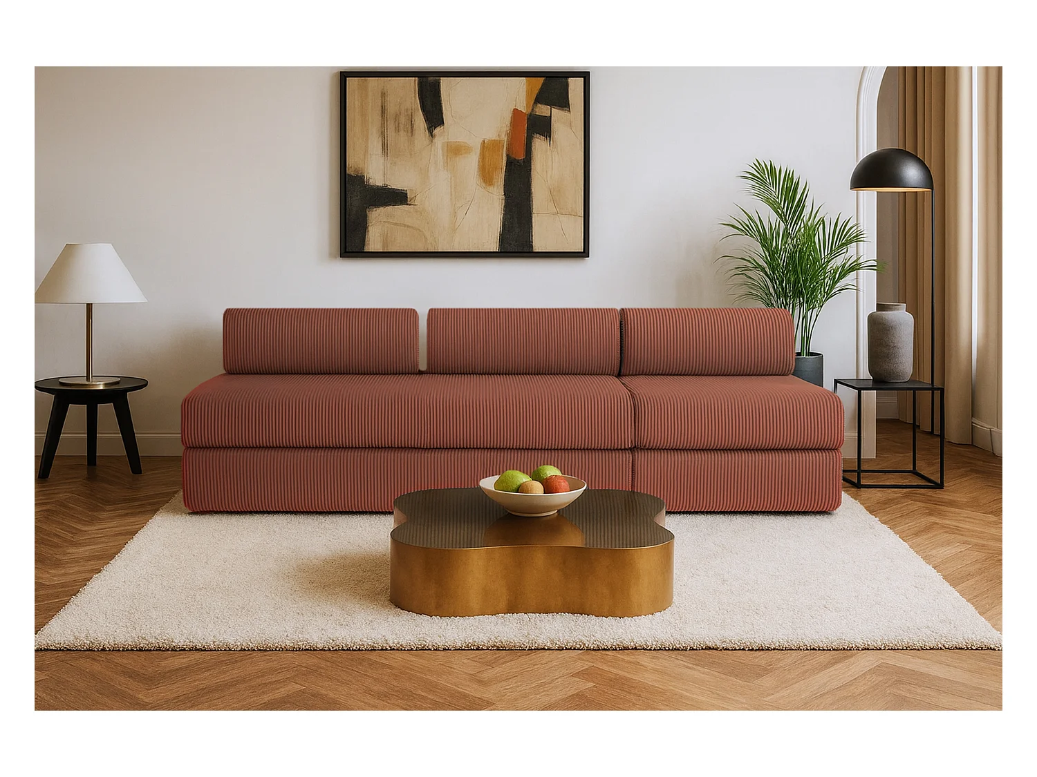 Canapé droit modulable et convertible 4 places - Velours côtelé - Terracotta