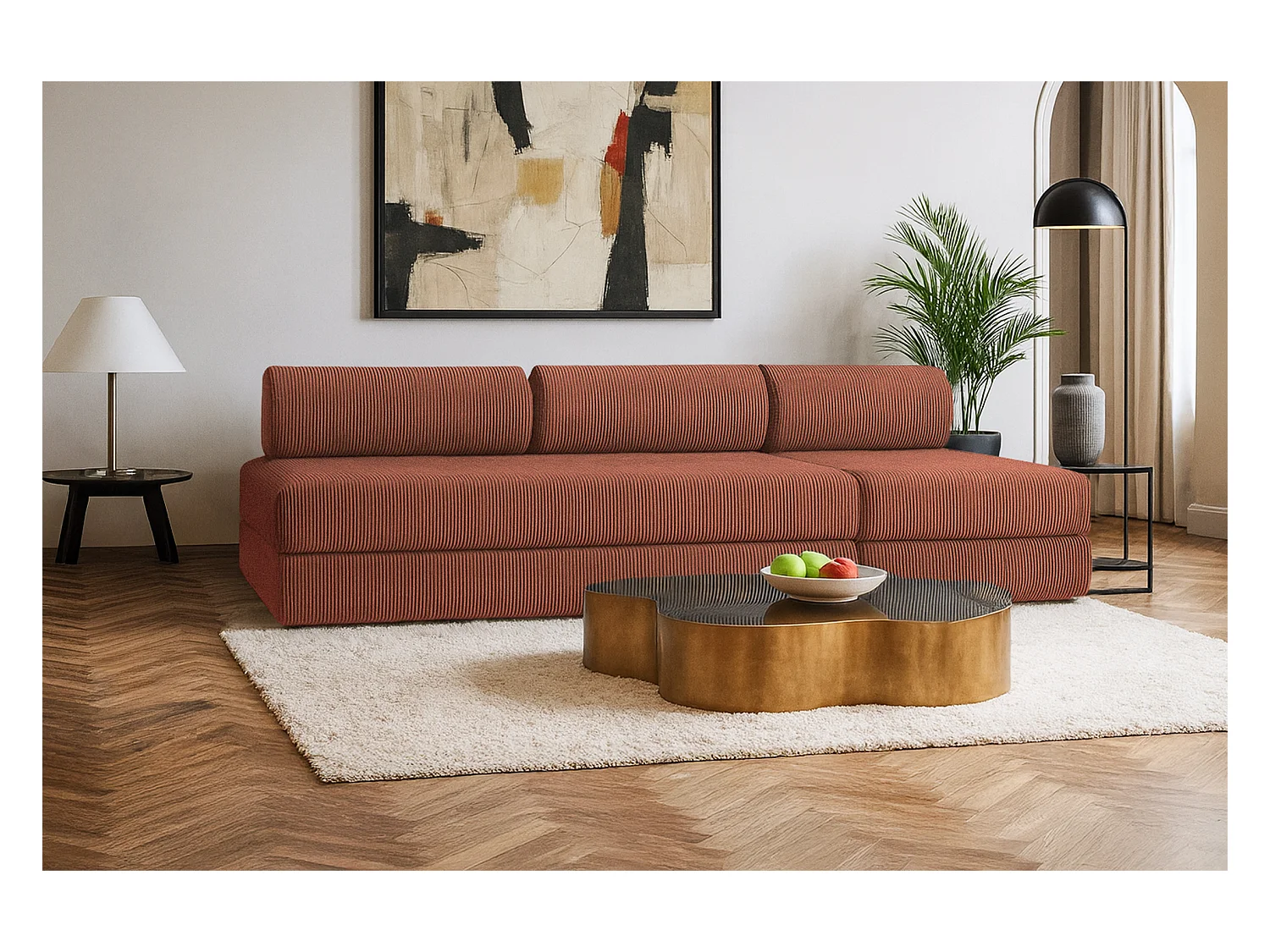 Canapé droit modulable et convertible 4 places - Velours côtelé - Terracotta