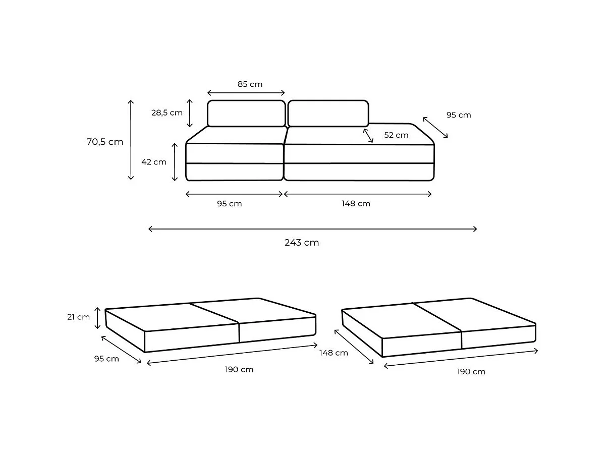 Canapé droit modulable et convertible 3 places - Velours côtelé XL - Taupe