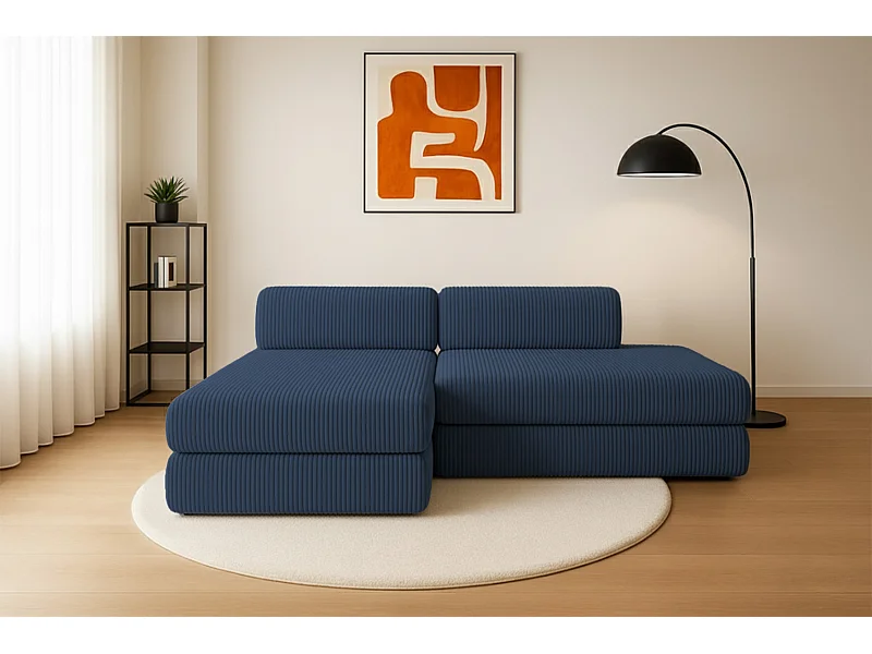 Canapé d'angle modulable et convertible 5 places - Velours côtelé XL - Bleu