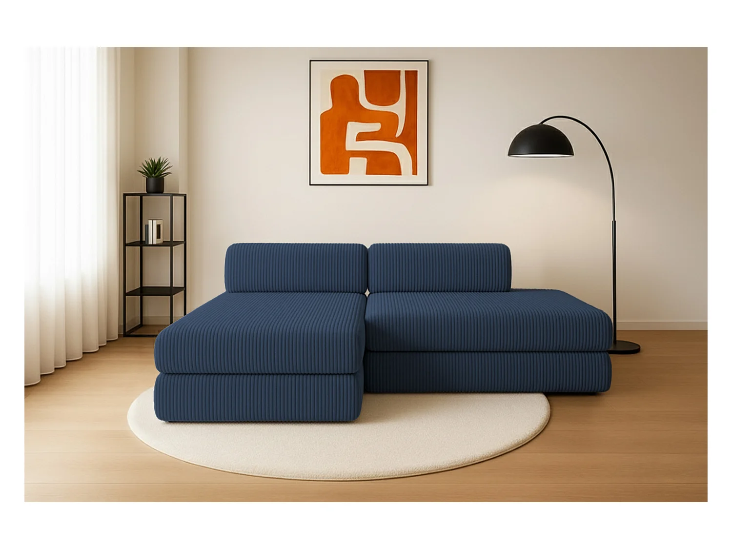 Canapé d'angle modulable et convertible 5 places - Velours côtelé XL - Bleu