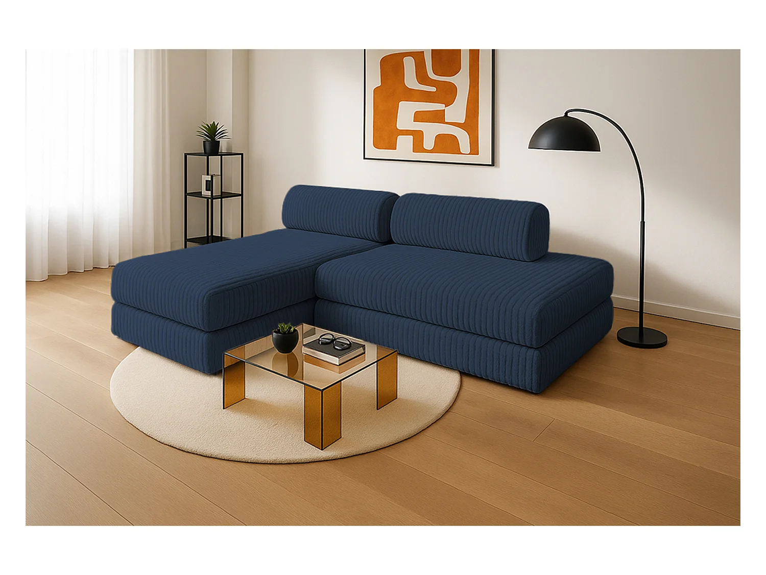 Canapé d'angle modulable et convertible 5 places - Velours côtelé XL - Bleu