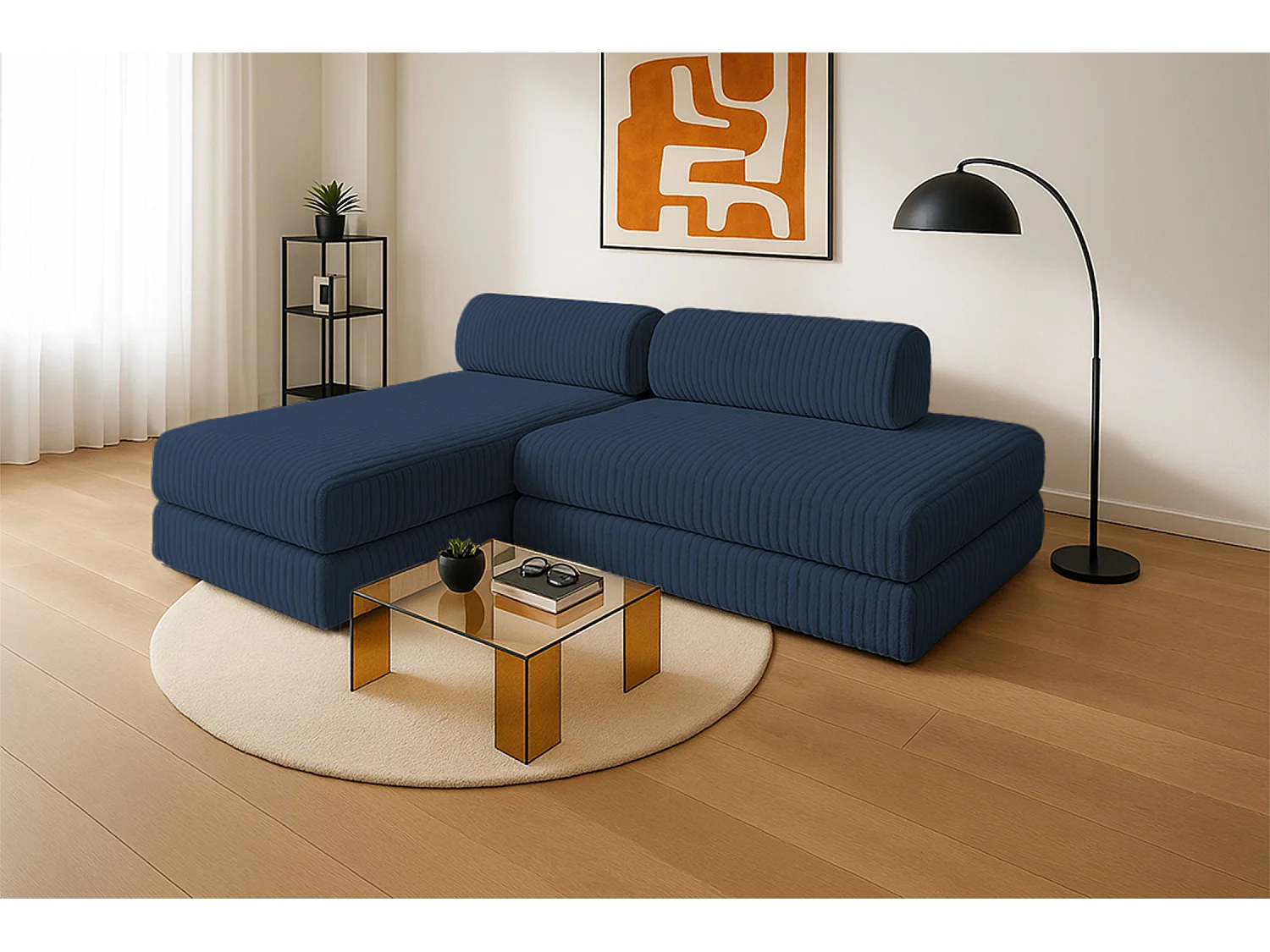 Canapé d'angle modulable et convertible 5 places - Velours côtelé XL - Bleu