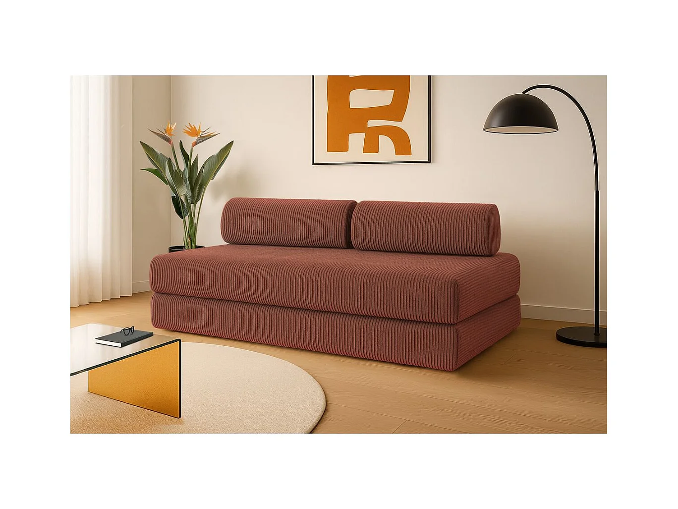 Canapé droit modulable et convertible 3 places - Velours côtelé - Terracotta