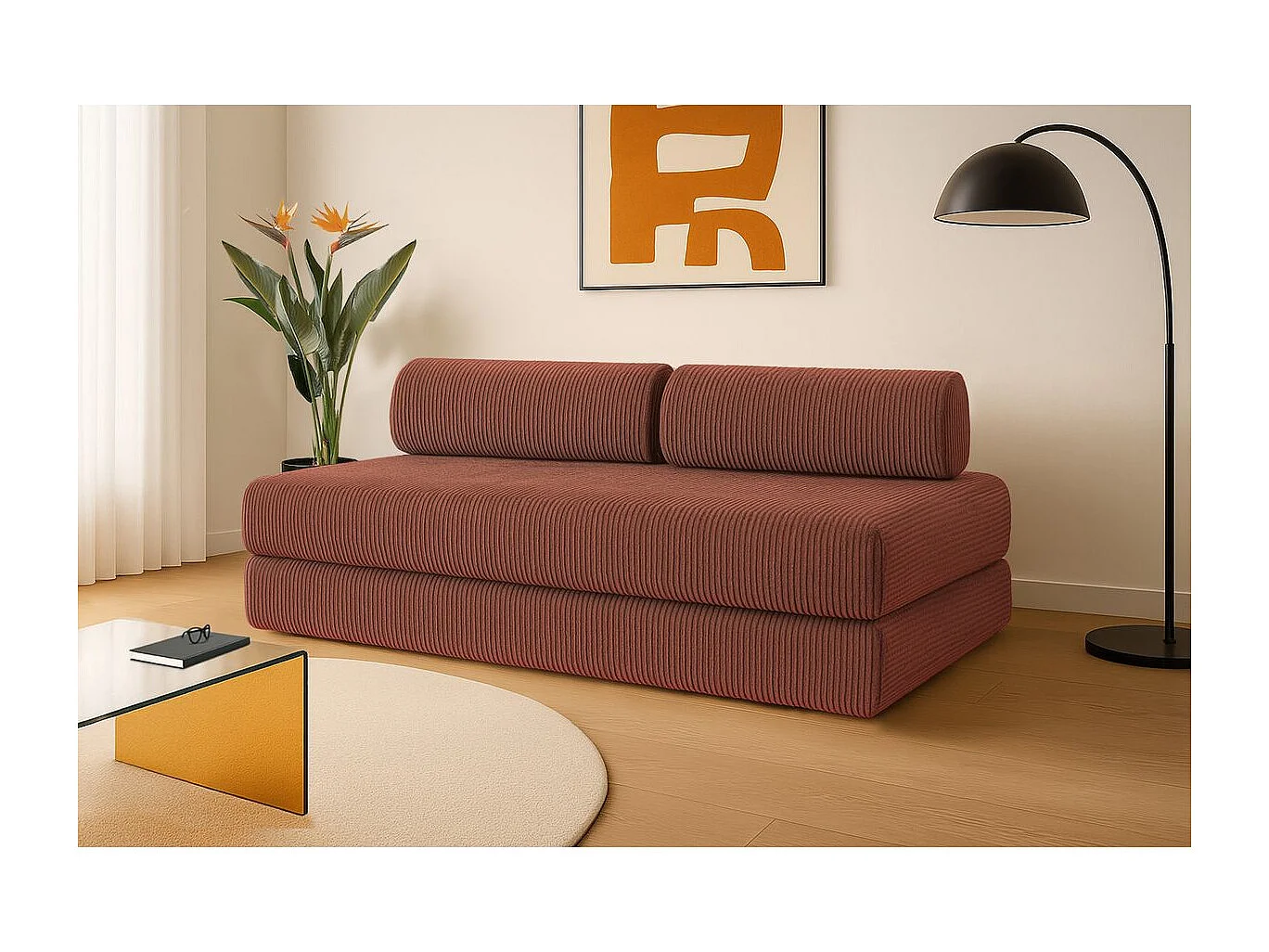 Canapé droit modulable et convertible 3 places - Velours côtelé - Terracotta