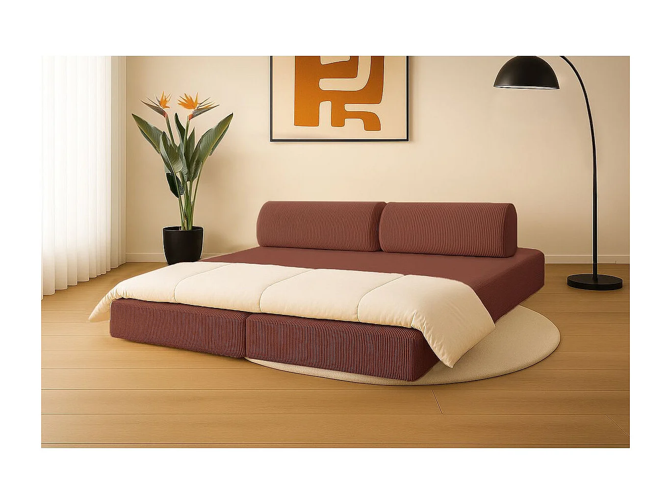 Canapé droit modulable et convertible 3 places - Velours côtelé - Terracotta