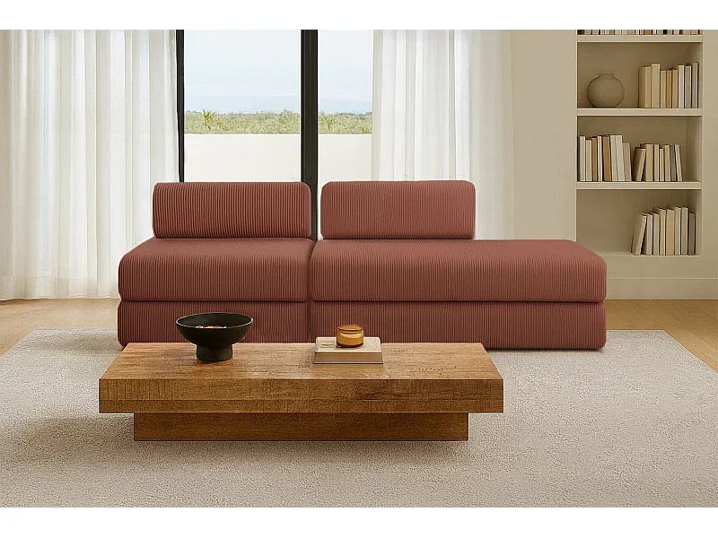 Canapé droit modulable et convertible 3 places - Velours côtelé - Terracotta