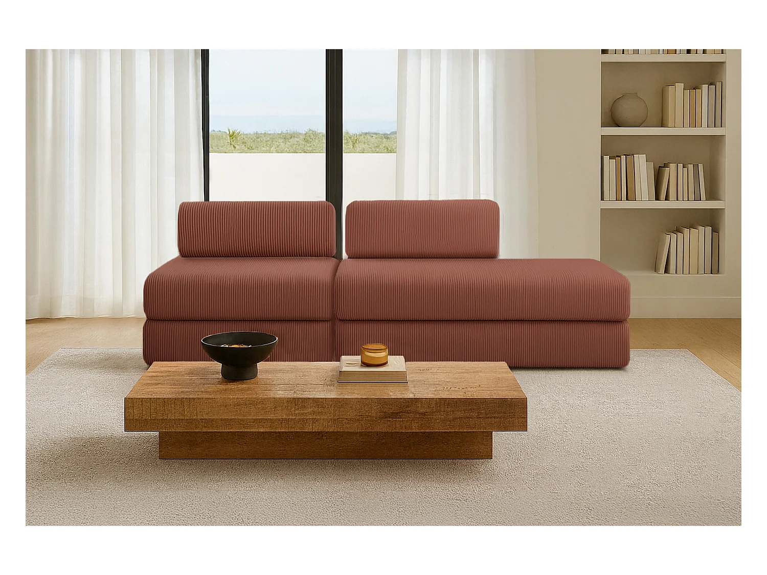 Canapé droit modulable et convertible 3 places - Velours côtelé - Terracotta