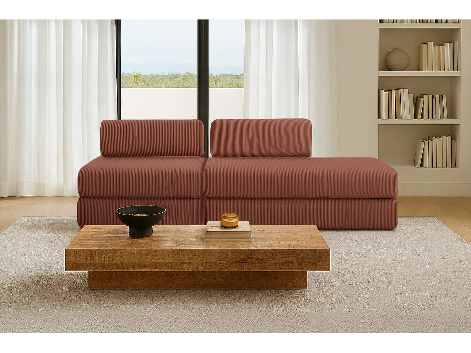 Canapé droit modulable et convertible 3 places - Velours côtelé - Terracotta