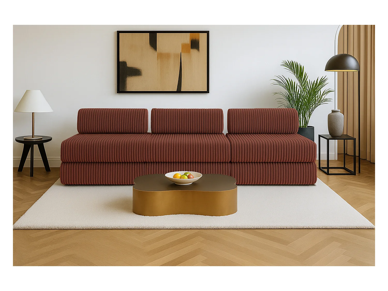 Canapé droit modulable et convertible 4 places - Velours côtelé XL - Terracotta