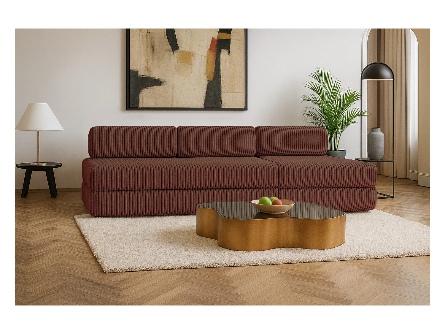 Canapé droit modulable et convertible 4 places - Velours côtelé XL - Terracotta