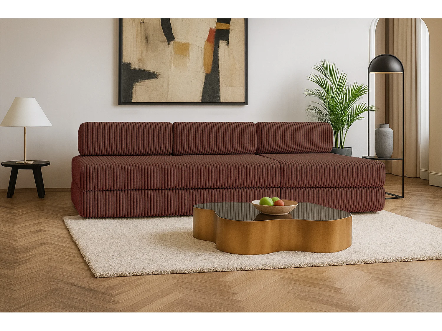 Canapé droit modulable et convertible 4 places - Velours côtelé XL - Terracotta