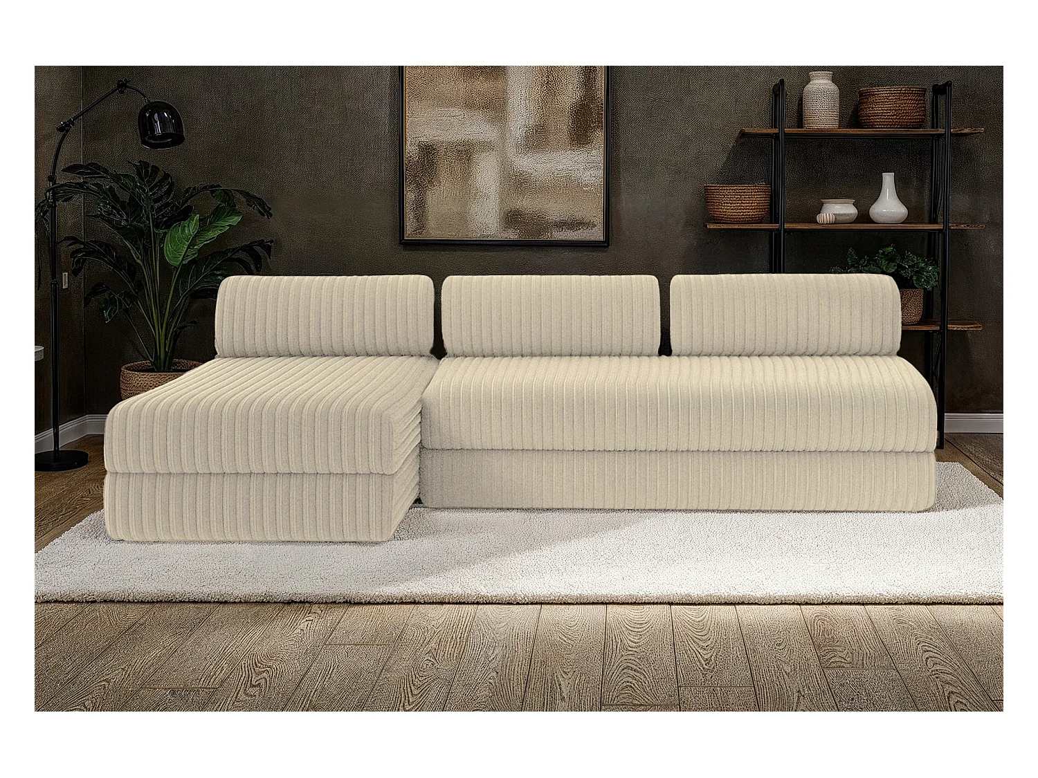 Canapé d'angle modulable et convertible 6 places - Velours côtelé XL - Beige