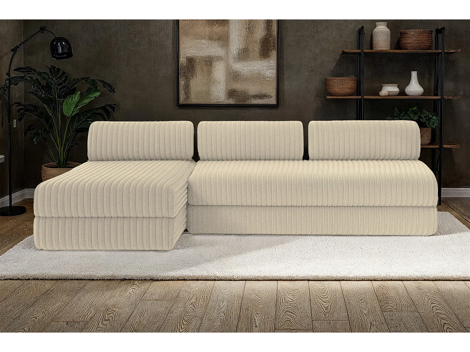 Canapé d'angle modulable et convertible 6 places - Velours côtelé XL - Beige