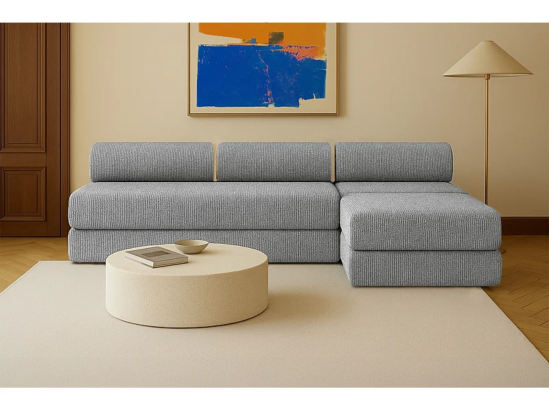 Canapé d'angle modulable et convertible 6 places - Tissu tweed - Gris