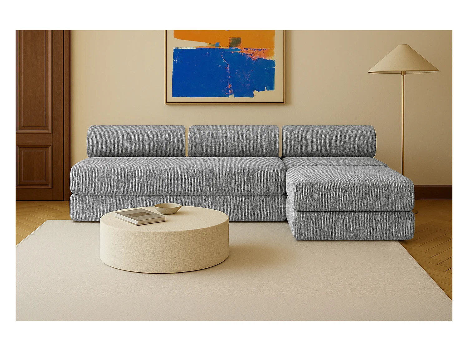 Canapé d'angle modulable et convertible 6 places - Tissu tweed - Gris