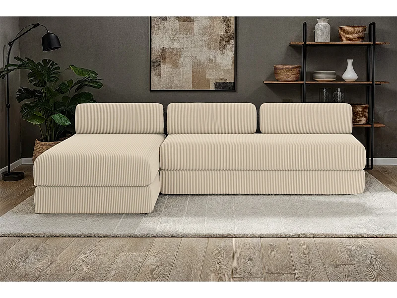 Canapé d'angle modulable et convertible 6 places - Velours côtelé - Beige