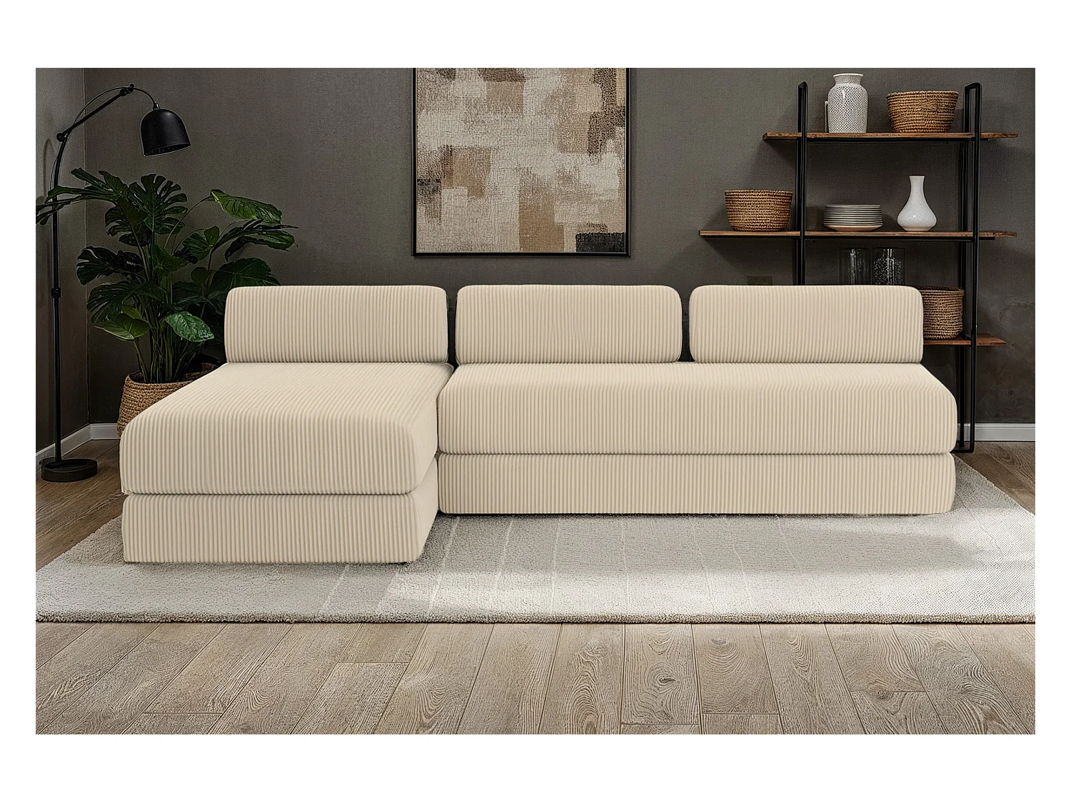 Canapé d'angle modulable et convertible 6 places - Velours côtelé - Beige