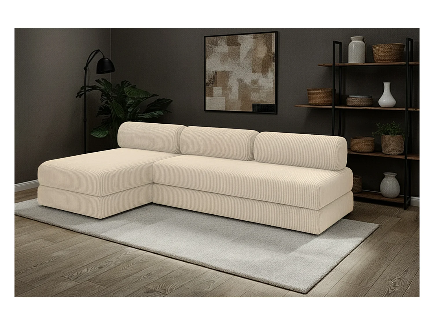 Canapé d'angle modulable et convertible 6 places - Velours côtelé - Beige