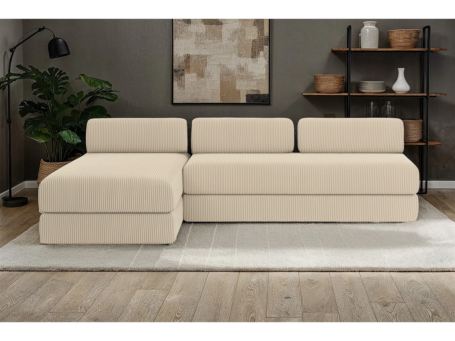 Canapé d'angle modulable et convertible 6 places - Velours côtelé - Beige