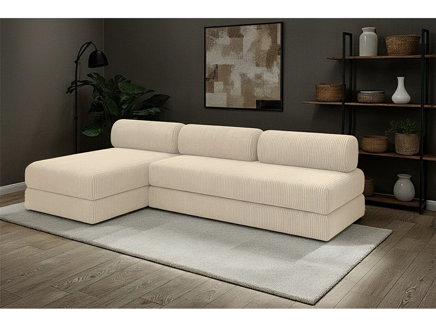 Canapé d'angle modulable et convertible 6 places - Velours côtelé - Beige