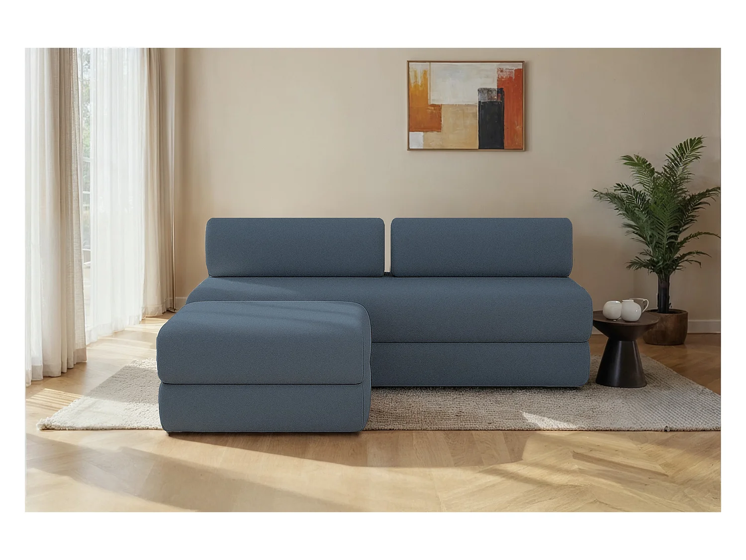 Canapé d'angle modulable et convertible 4 places - Tissu lisse - Bleu