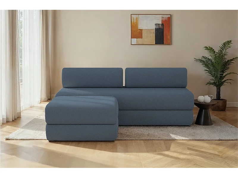 Canapé d'angle modulable et convertible 4 places - Tissu lisse - Bleu