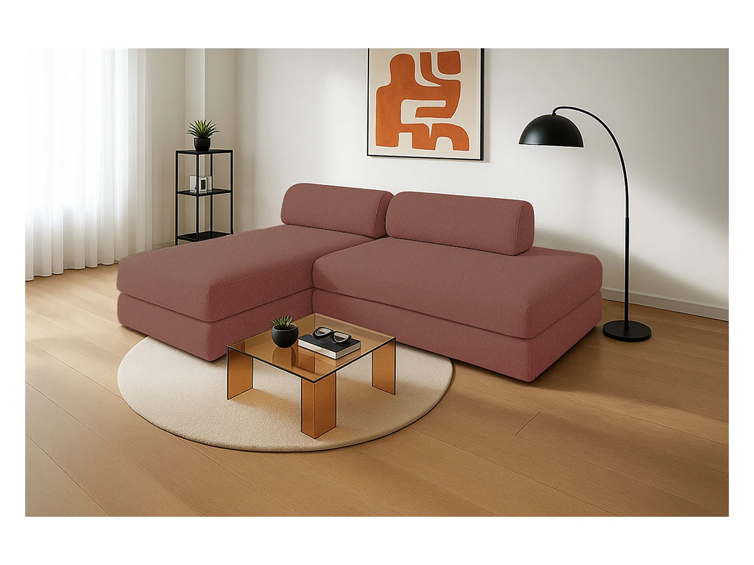 Canapé d'angle modulable et convertible 5 places - Tissu lisse - Terracotta