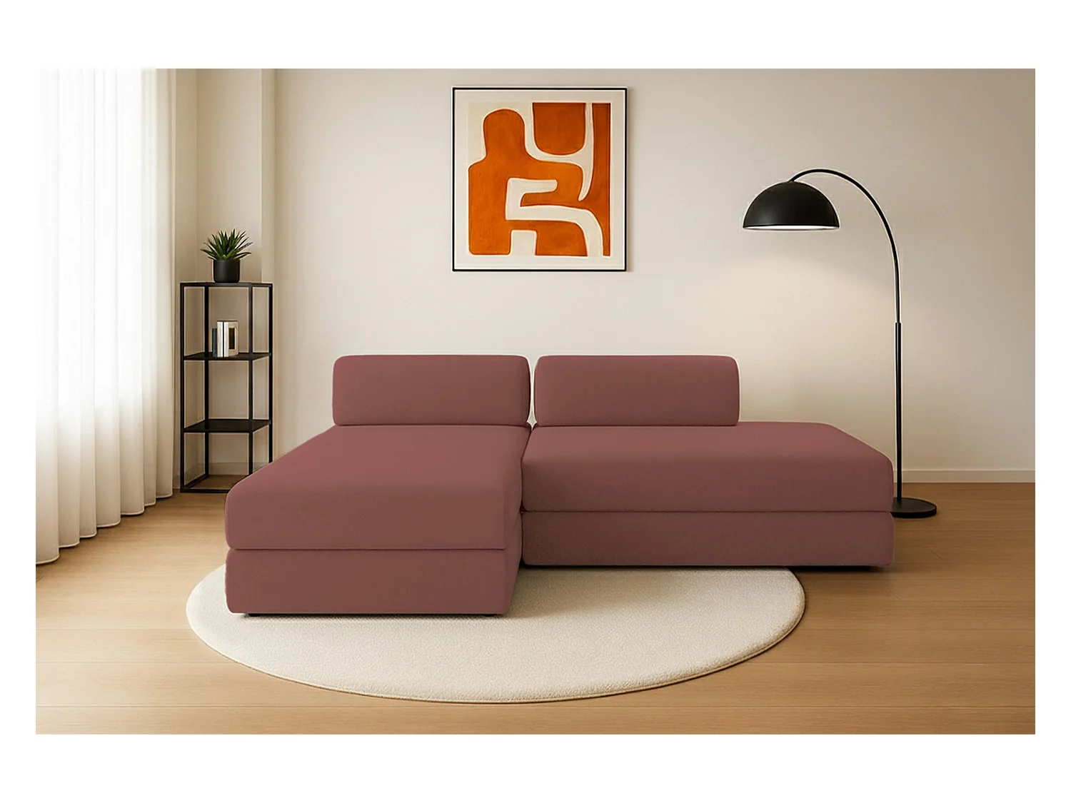 Canapé d'angle modulable et convertible 5 places - Tissu lisse - Terracotta