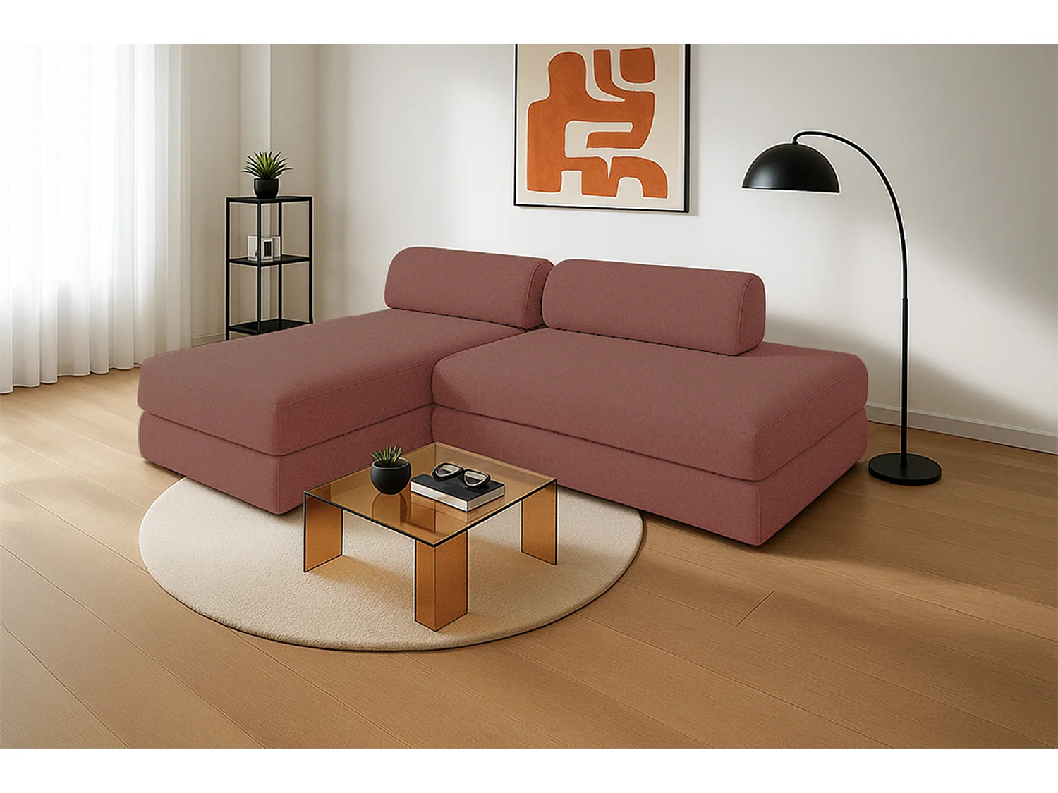 Canapé d'angle modulable et convertible 5 places - Tissu lisse - Terracotta