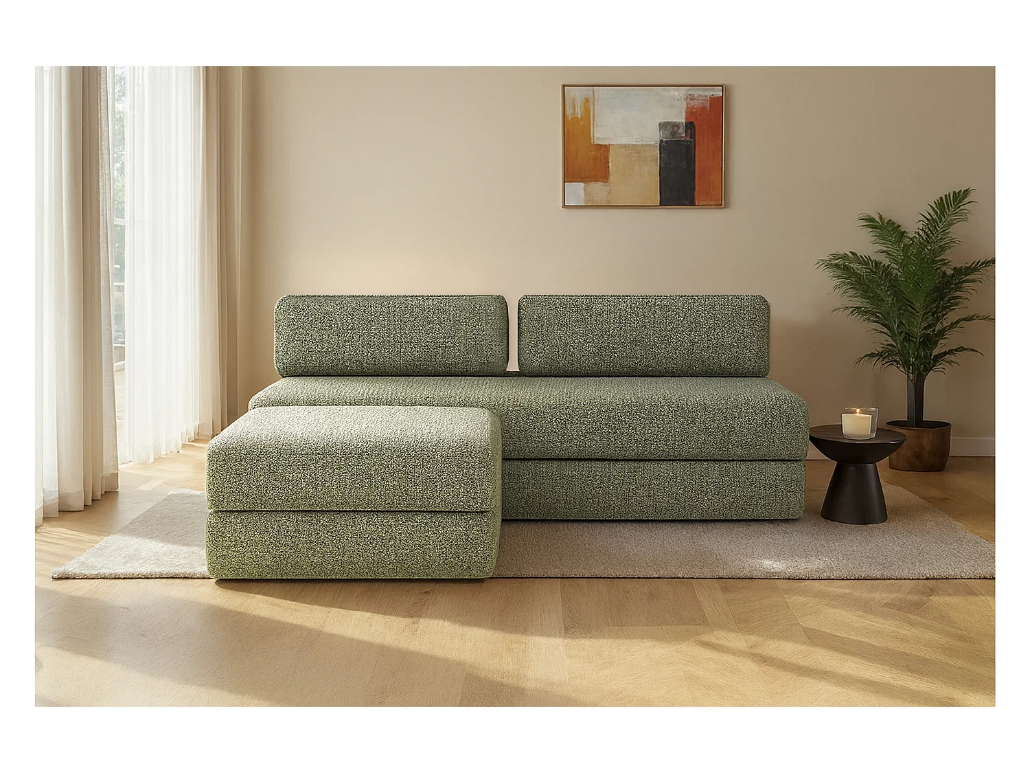 Canapé d'angle modulable et convertible 4 places - Tissu tweed - Vert