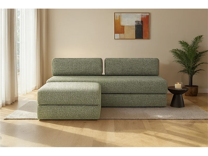 Canapé d'angle modulable et convertible 4 places - Tissu tweed - Vert