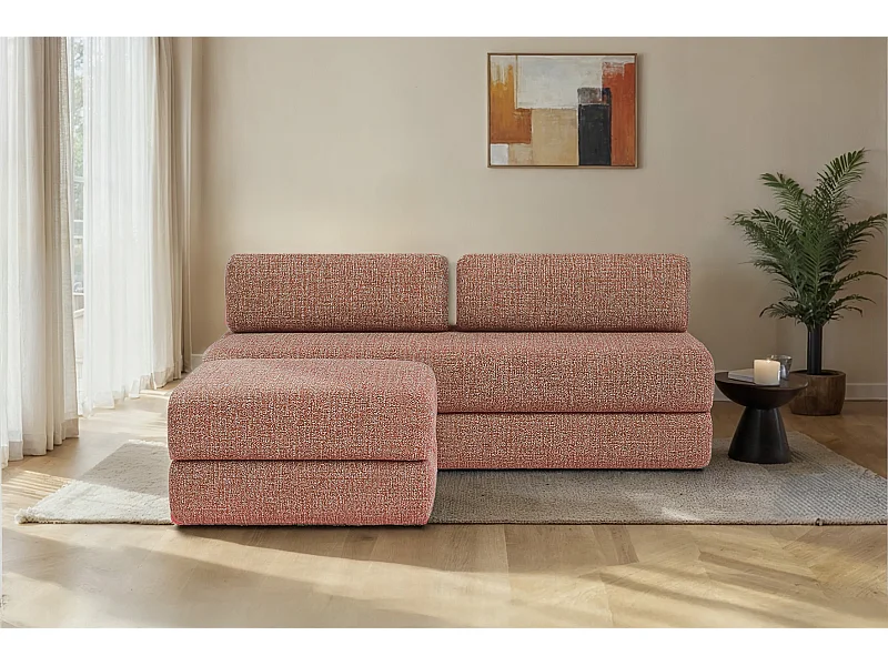 Canapé d'angle modulable et convertible 4 places - Tissu tweed - Rouge