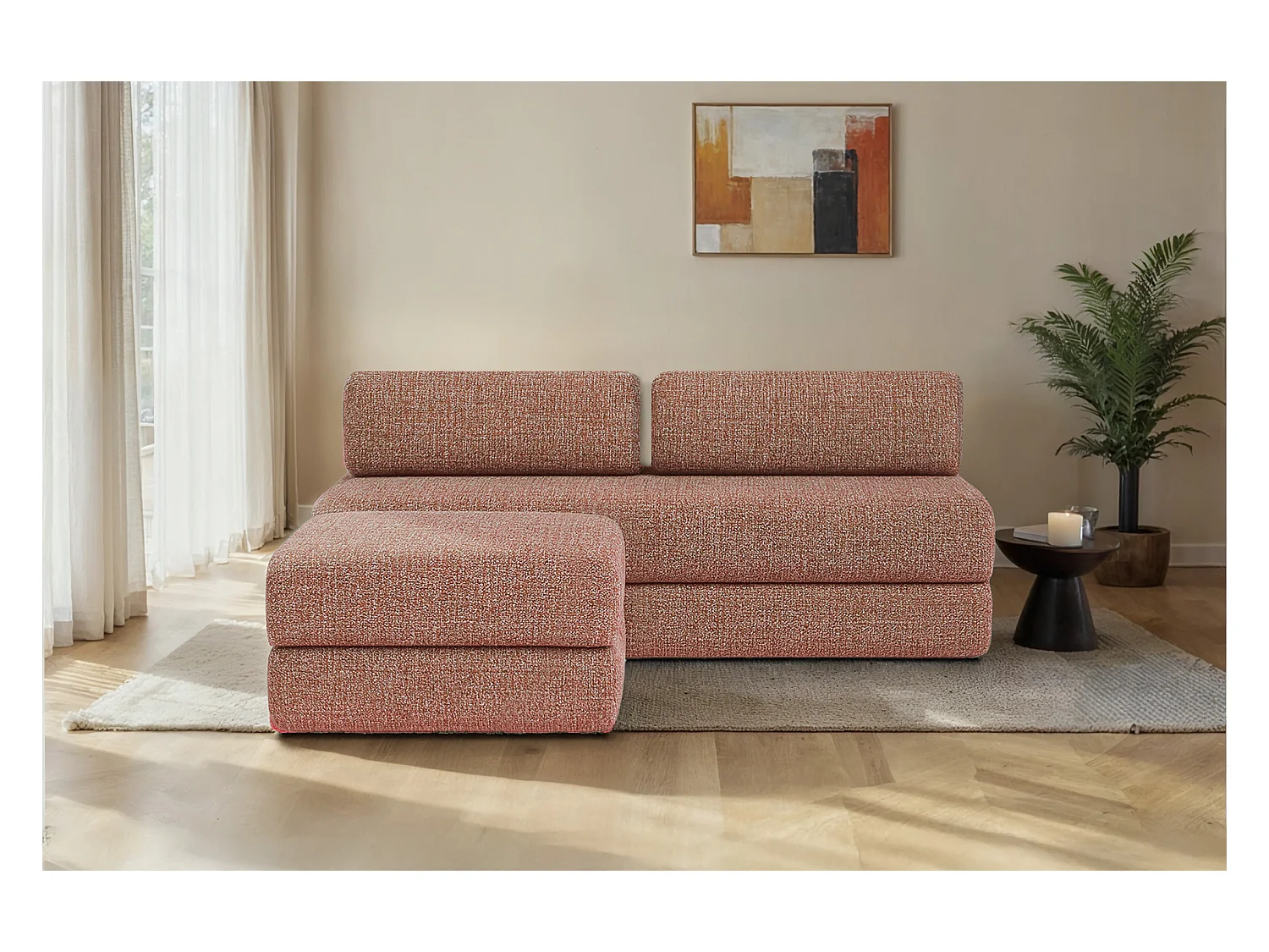 Canapé d'angle modulable et convertible 4 places - Tissu tweed - Rouge