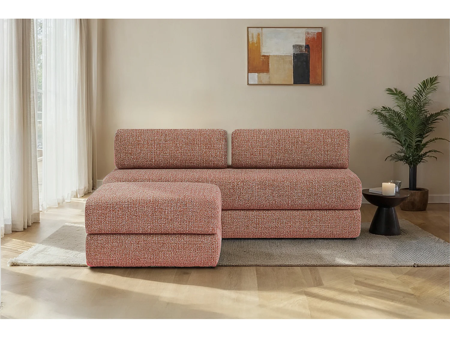 Canapé d'angle modulable et convertible 4 places - Tissu tweed - Rouge