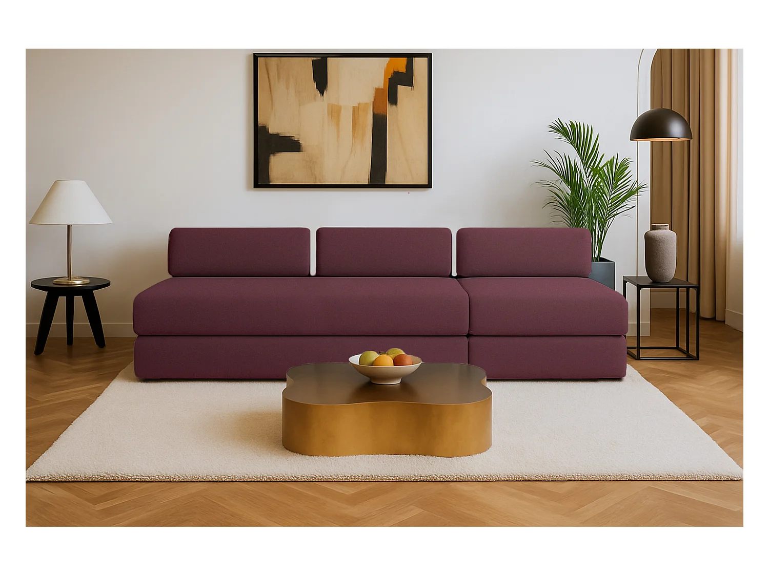 Canapé droit modulable et convertible 4 places - Tissu lisse - Rouge