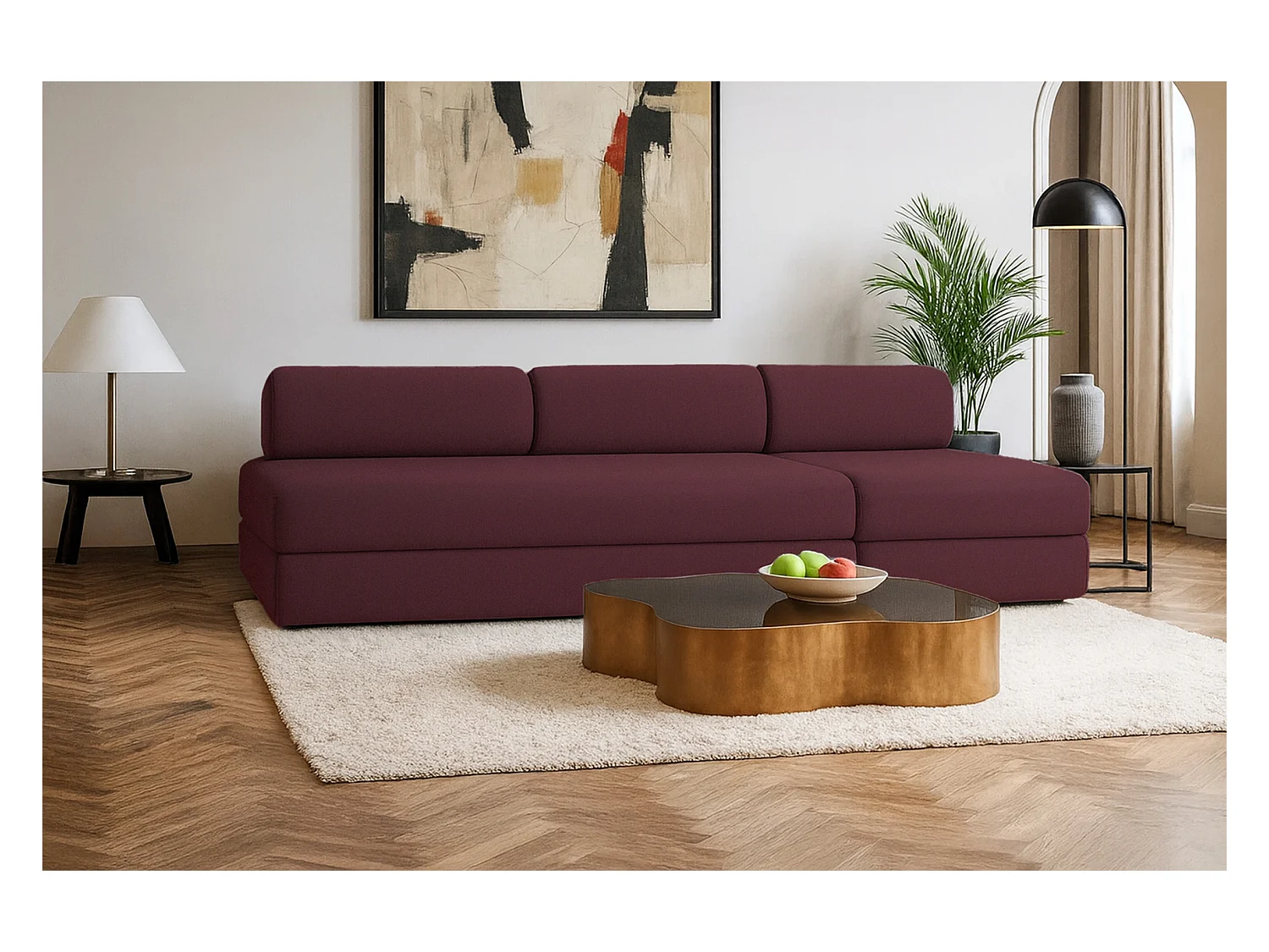 Canapé droit modulable et convertible 4 places - Tissu lisse - Rouge