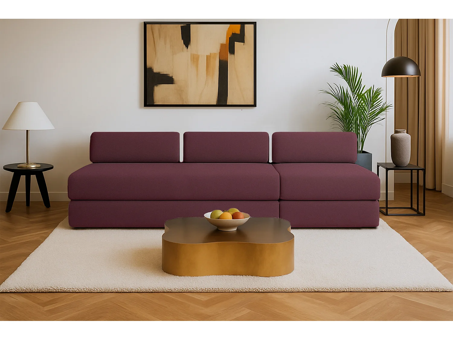 Canapé droit modulable et convertible 4 places - Tissu lisse - Rouge